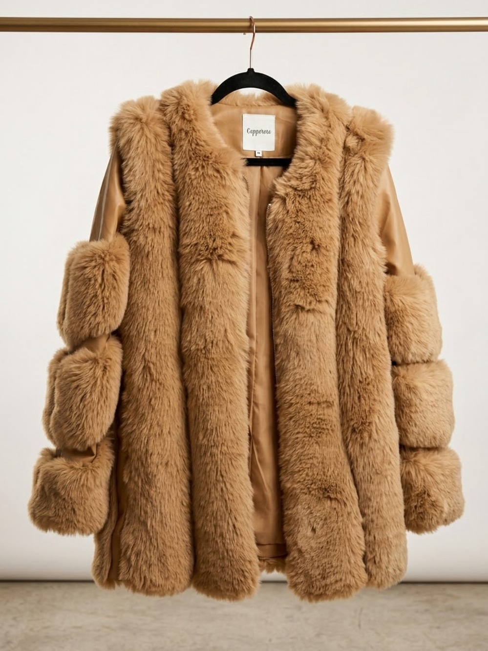 Catwalk Connection Faux Fur & Vegan Leather Statement Coat (Copperose)